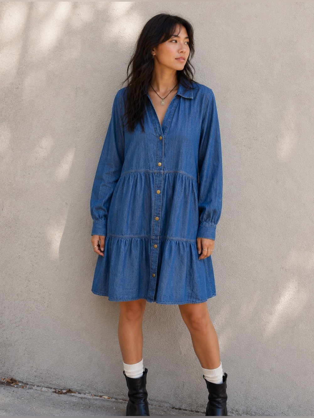 Icōne Tired Lightweight Cotton Denim Shirt Dress Snap Button Long-sleeve Large